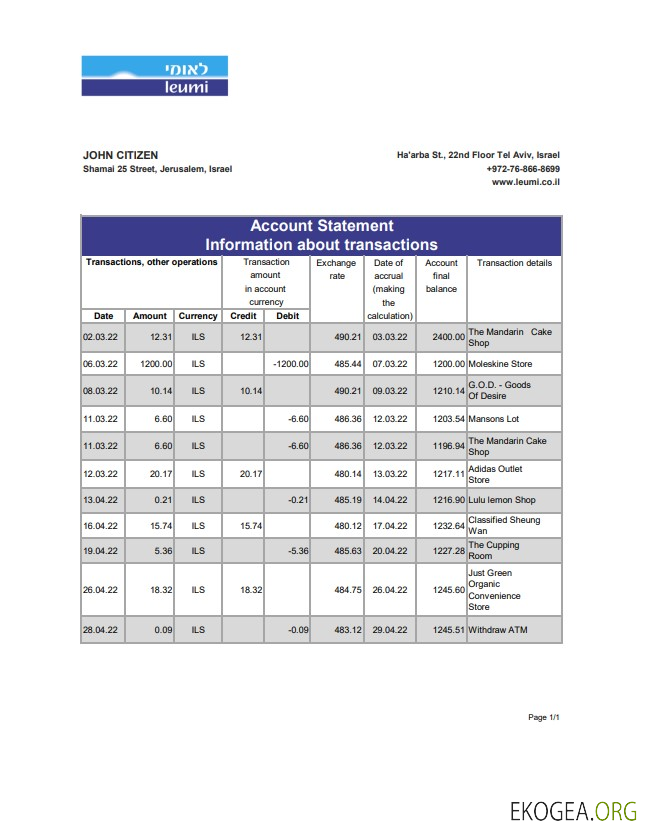 Relevé bancaire israélien Leumi xls